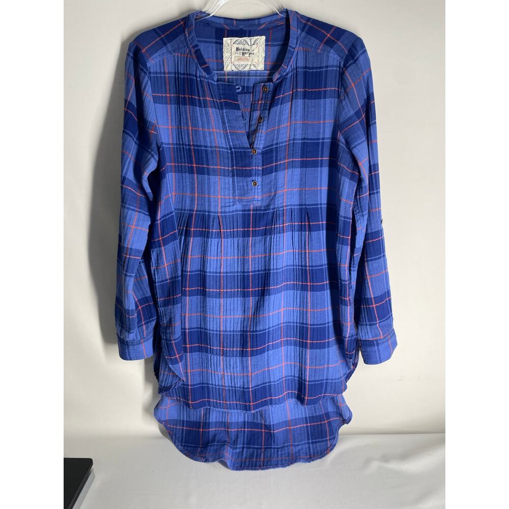 Holding Horses Half Penny Plaid Tunic Blue Lightweight High Low Flannel Small
